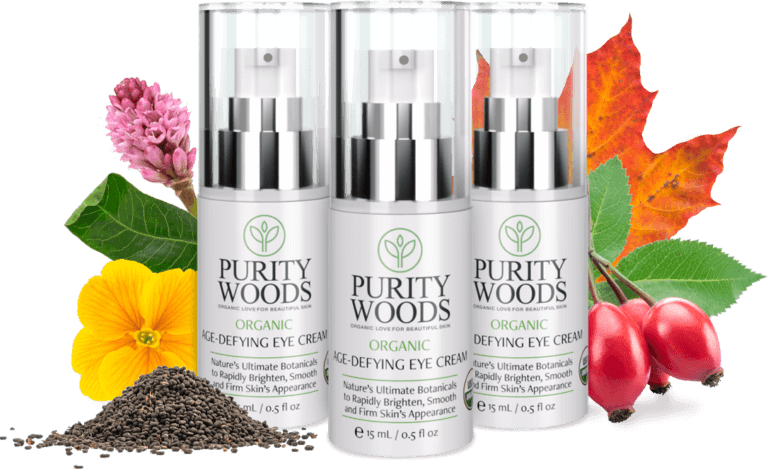 3 bottles of Age-Defying Eye Cream with raw ingredients behind