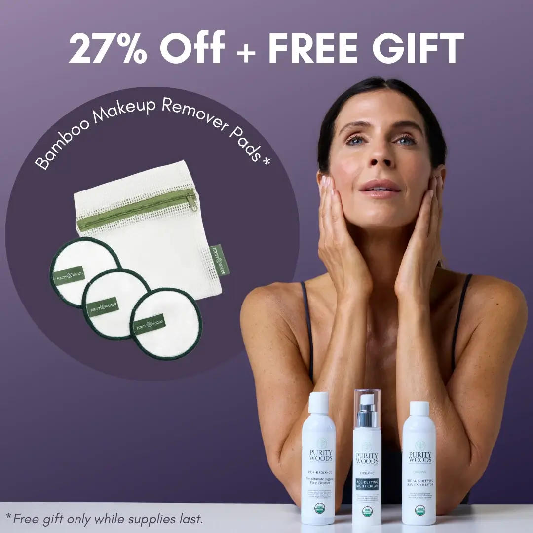 image of woman with 3 applying product to cheeks with bottles of pur-radiance, night cream and exfoliator in front of her. Also shows image of free gift (makeup remover)