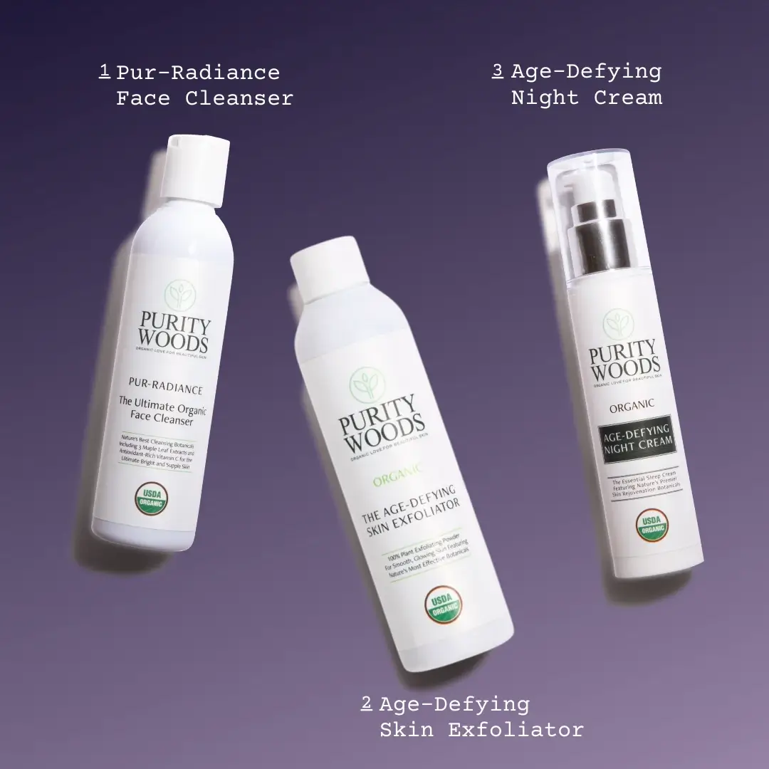 image of bottles of pur-radiance, exfoliator and night cream