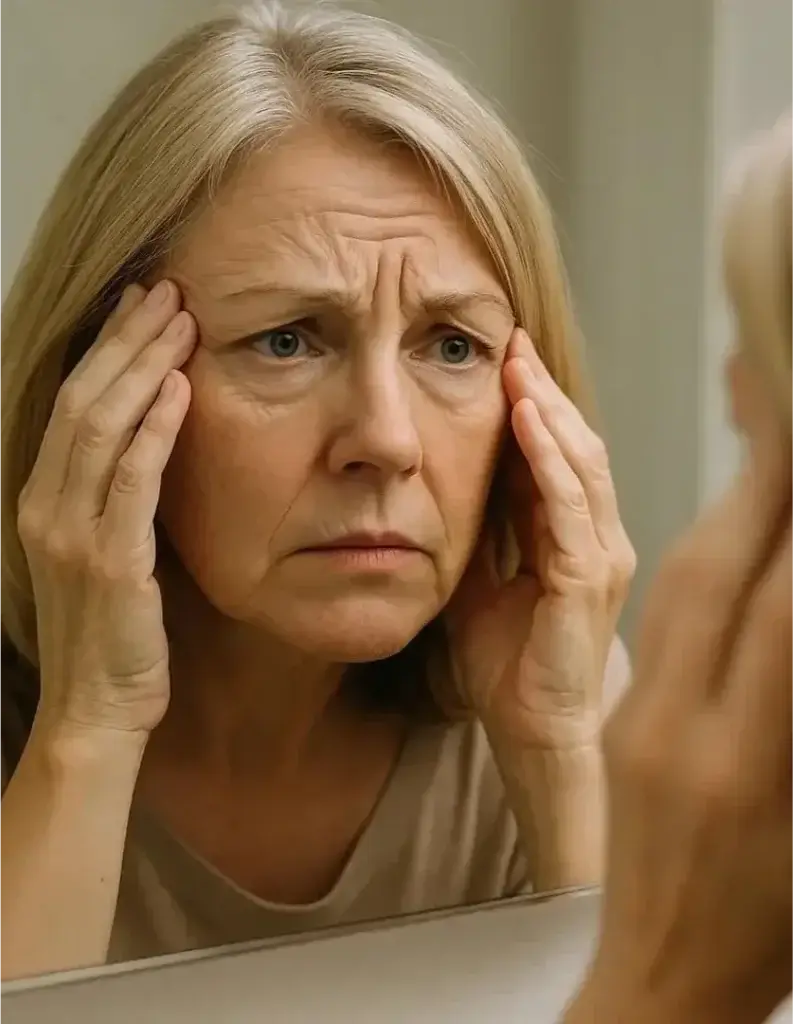 Older individual looks into a mirror with both hands placed on the sides of the face, appearing to examine the forehead area with visible wrinkles.