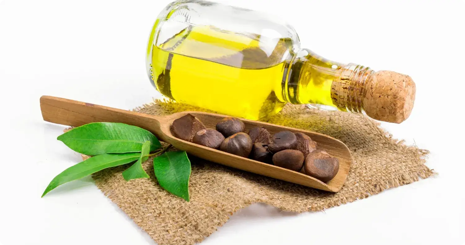 A clear glass bottle with a cork stopper holds bright yellow oil, placed on burlap fabric alongside a wooden scoop filled with tamanu nuts. Two green leaves rest nearby, enhancing the natural and organic presentation.