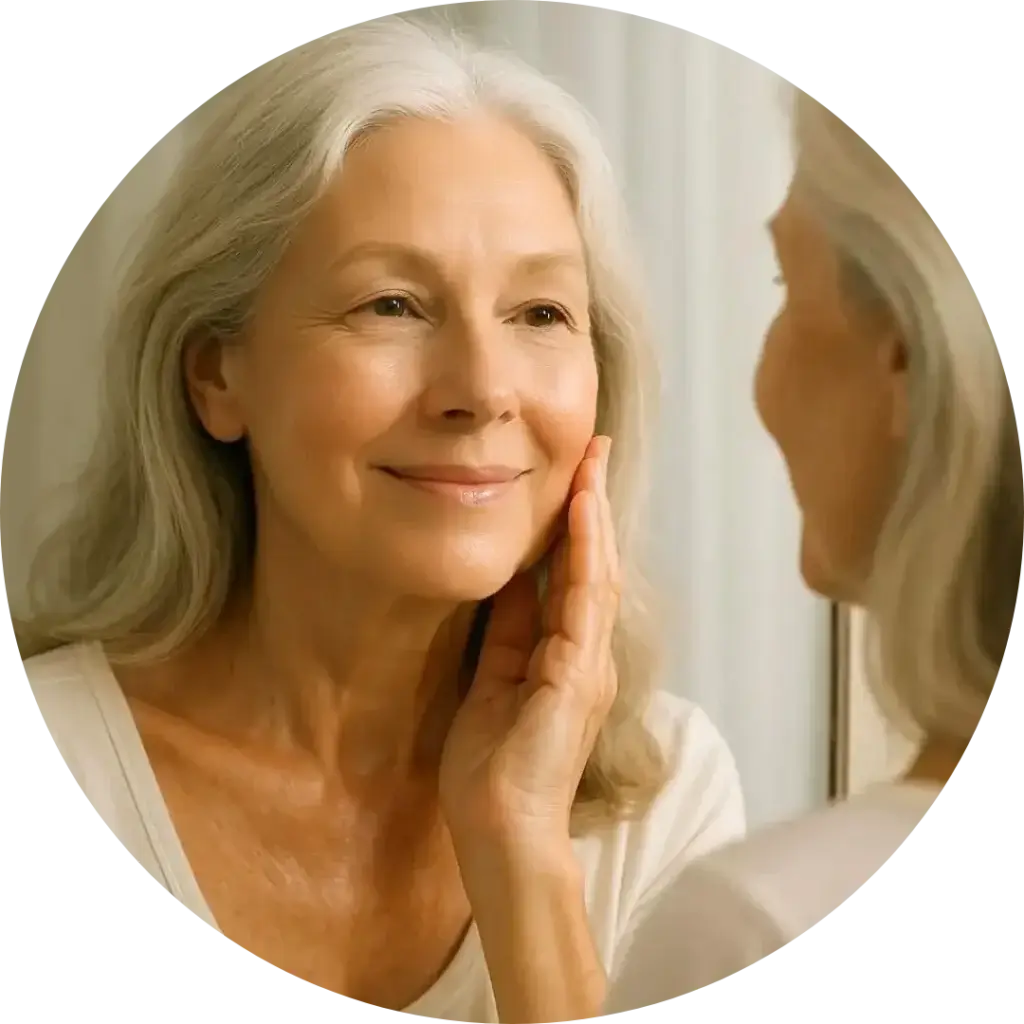 Older individual with long gray hair looks into a mirror and gently touches their cheek with one hand. 