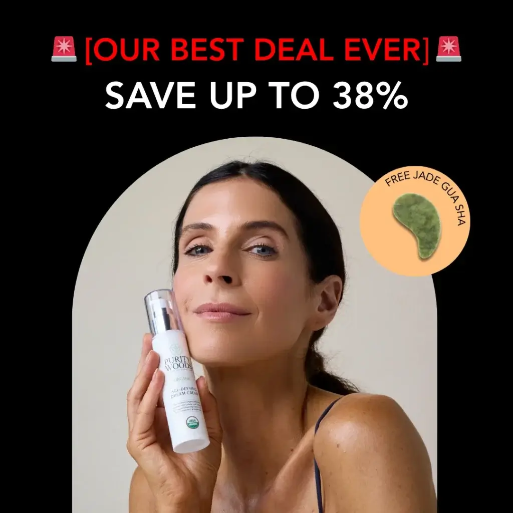 Promotional image for Purity Woods Age-Defying Dream Cream featuring a smiling woman holding the product. The background includes a soft circular design. Bold text at the top announces “Our Best Deal Ever” with a discount of up to 38%. A circular inset on the right highlights a free jade gua sha tool included with the offer.