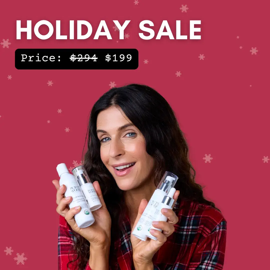 A smiling person holds three skincare products from the brand PURELY WORK against a festive red background with snowflake graphics. Promotional text at the top reads: "HOLIDAY SALE – Price: $199," highlighting a seasonal discount on beauty products.